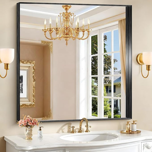 CIRCUMI Black Bathroom Mirror, 42"x42" Rectangular Mirror with Deep Metal Frame, Brushed Finish, Tempered Glass, Mirror for Wall, Oversink, Bedroom, Installed Vertically/Horizontally, Crystal-Clear