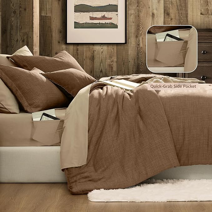 Geniospin California King Comforter Set - 7 Pieces Brown Cal King Bedding Set, Solid Bed Set for All Season, Textured Bed in a Bag with Flat Sheet and Fitted Sheet, Pillowcases and Shams
