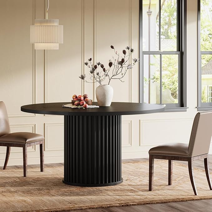 Tribesigns 47.24-Inch Black Round Dining Table for 4-6 People, Modern Fluted MDF + Metal Base Kitchen Table, Sturdy Circle Dining Room Furniture, Black