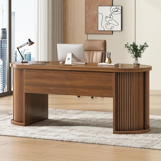 SEDETA Office Desk with 2 Drawers, 58.3" x 21.7" Fluted Long Computer Desk with 2 Sliding Doors Storage and Power Strip, Wood Executive Desk for Home Office, Living Room, Bedroom, Brown