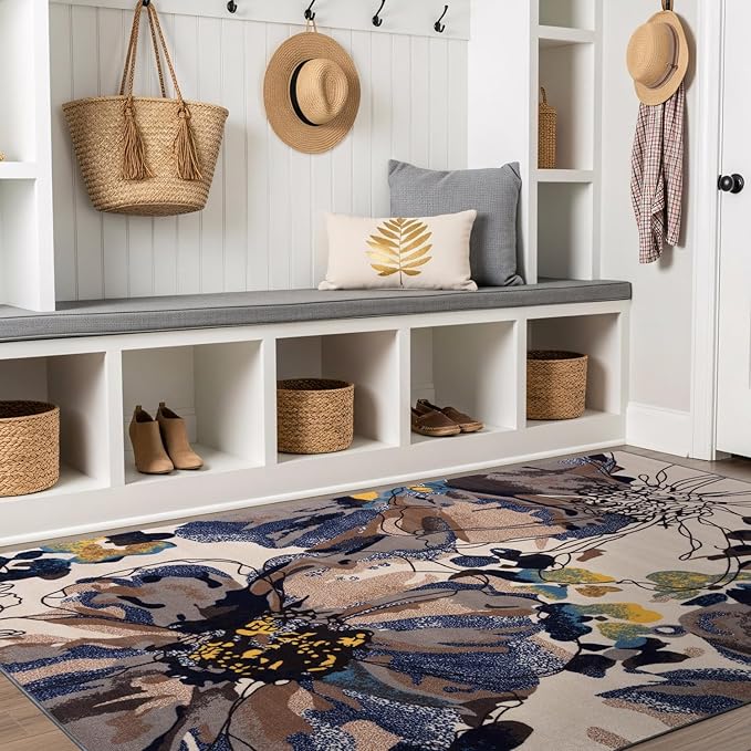 Rugshop Cream Bright Flowers Non Slip Non-Shedding Area Rug for Bedroom, Study and Living Room, 4' x 6'