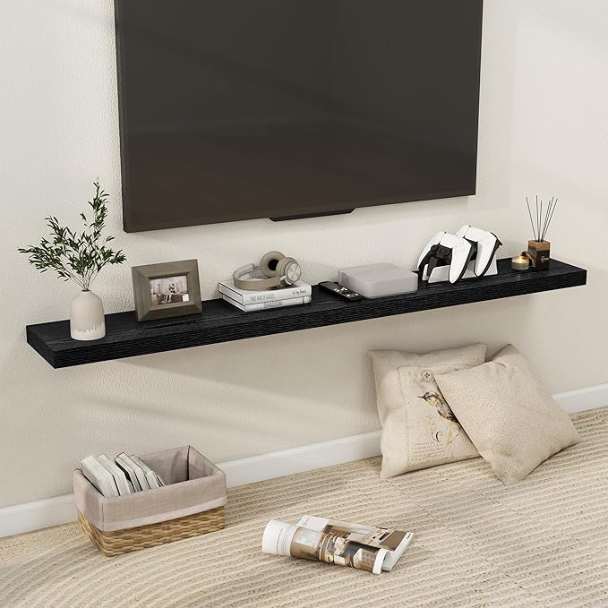 Fun Memories 66 Inch Fireplace Mantel Shelf with Invisible Bracket, 8 Inch Deep Floating Shelf for Living Room, Kitchen, Farmhouse, Black