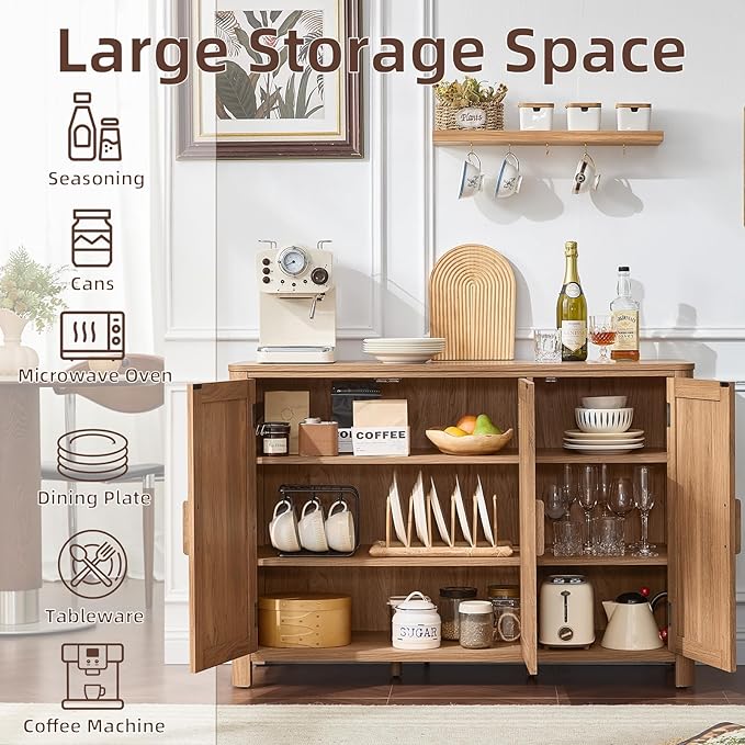 Sideboard Buffet Cabinet with Storage, 46" Arc-Shaped Credenza with 3 Doors & Adjustable Shelves, Mid Century Modern Coffee Bar Cabinet for Kitchen, Living Room, Entryway, Darkwood