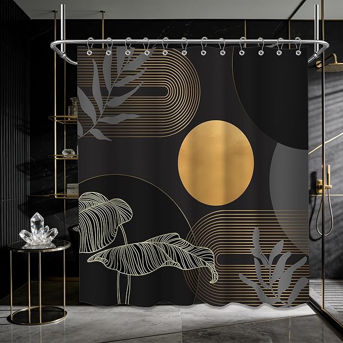 Black and Gold Shower Curtain Dark Mid Century Modern Boho Shower Curtains for Bathroom Decor MCM Masculine Cool Bath Curtain Set, Waterproof Fabric with Hooks 70 x 84 Inch