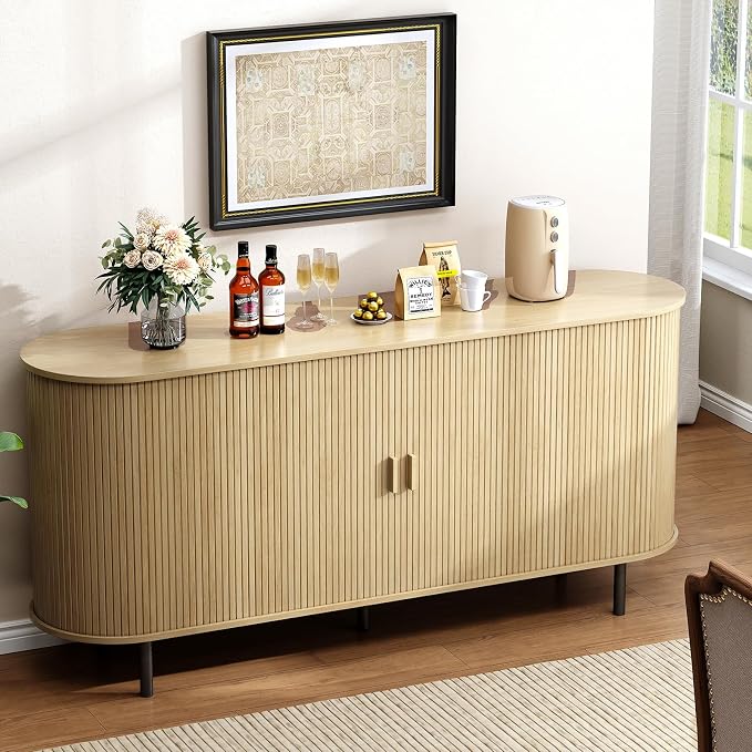 Buffet Cabinet with Storage, Fluted Sideboard Buffet with Sliding Door, Coffee Bar Cabinet with Adjustable Shelf, Console Table, Accent Table for Entryway, Kitchen (Oak, 63 Inch)