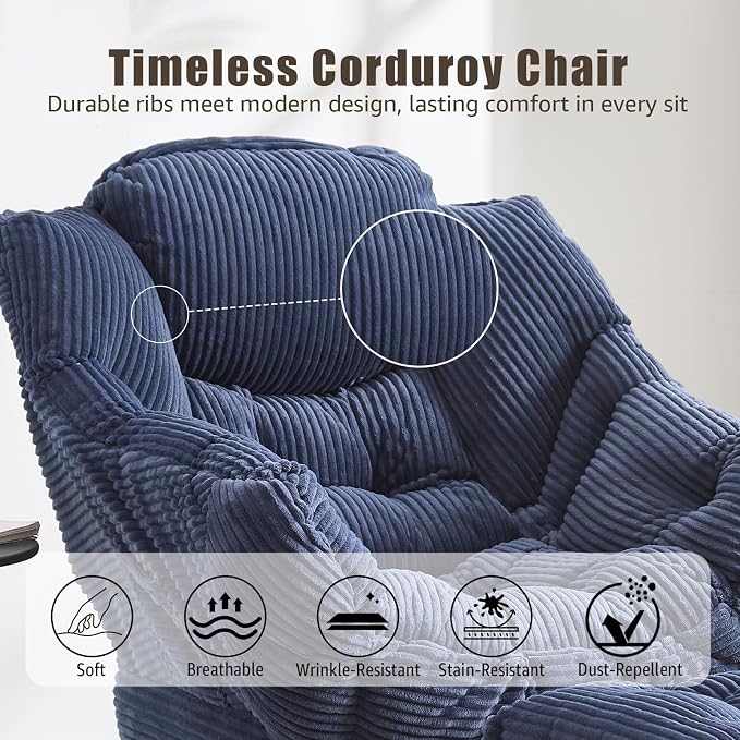 Oversized Lazy Chair with Ottoman for Adults, Chair and Ottoman Set Modern Skinny Lounge Chair with Footrest, Wide Reading Chair for Living Room, Comfy Accent Armchair for Small Spaces, Navy Blue