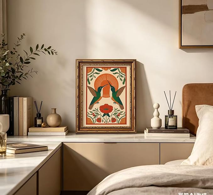 Vintage Gold Framed Hummingbird Wall Art Scandinavian Pictures Floral Bird Painting Canvas Prints Birds Poster Artwork Neutral Farmhouse Wall Decor for Living Room Bedroom Kitchen12x16in
