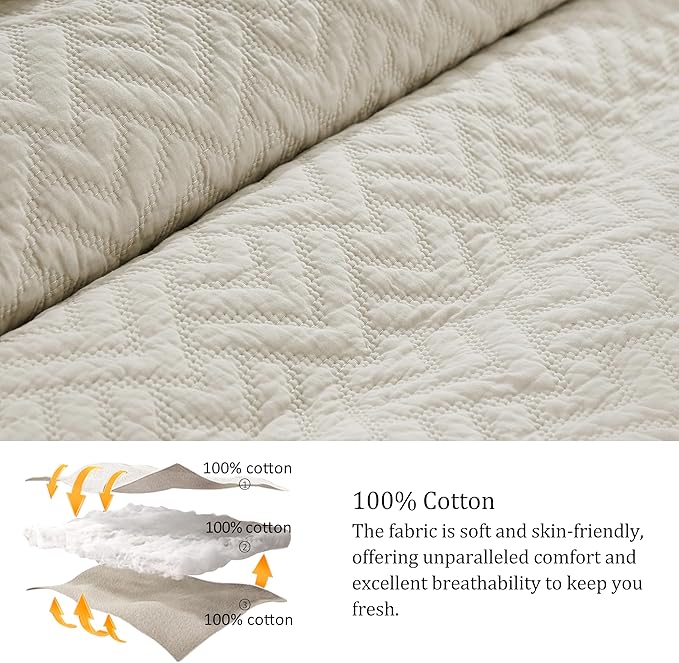 palassio Beige 100% Cotton Quilt King Size Bedding Sets with 2 Pillow Shams, Lightweight Textured Farmhouse Country Bedspread Soft Shabby Chic Patterned Coverlet for All Season, 3 Pieces