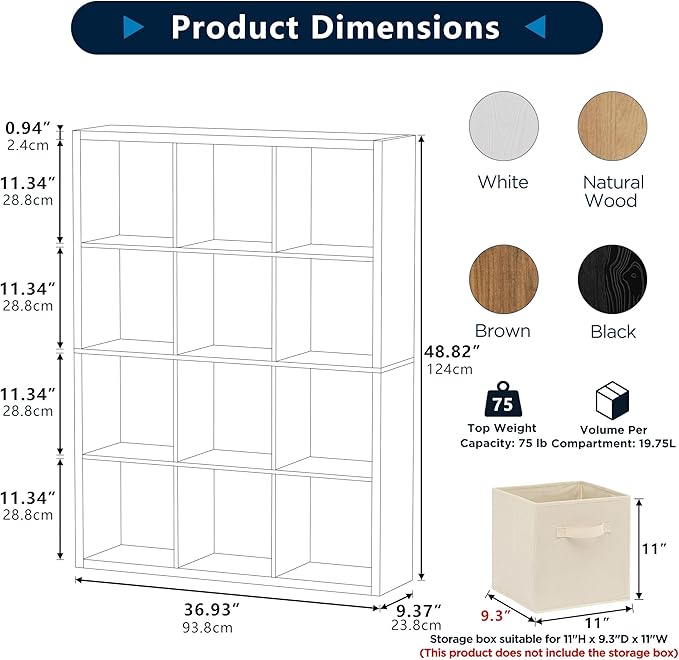 12-Cube Storage Organizer, Wooden Cube Shelf Bookcase with Reinforced Thick Shelves, Heavy-Duty 36.93" L x 9.37" W x 48.82" H, for Living Room Bedroom Home Office, White