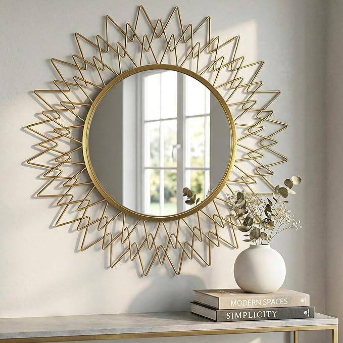 Large Sunburst Wall Mirror 36" - Vintage Gold Metal Frame Round Mirror for Wall - Mid Century Modern Statement Decorative Mirror for Living Room, Entryway, Fireplace Mantel