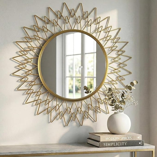 Large Sunburst Wall Mirror 36" - Vintage Gold Metal Frame Round Mirror for Wall - Mid Century Modern Statement Decorative Mirror for Living Room, Entryway, Fireplace Mantel
