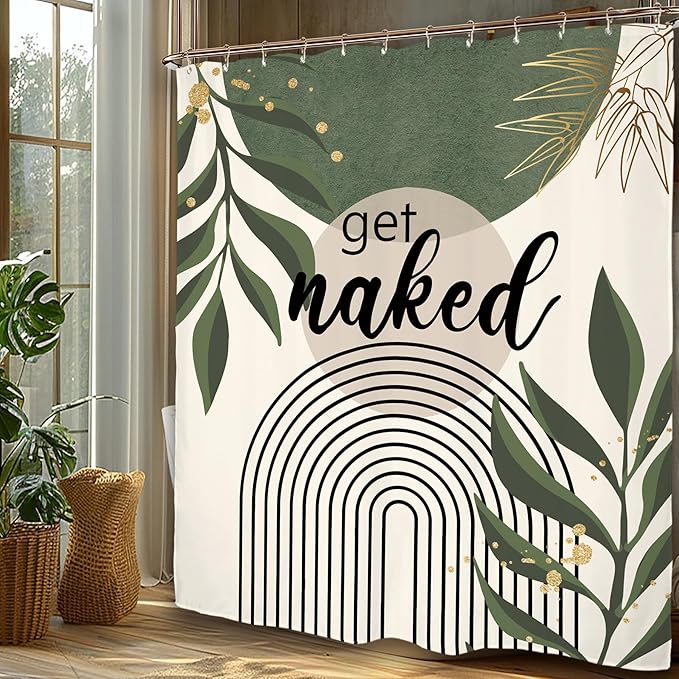 Miyotaa Abstract Minimalist Sage Green Shower Curtain Set 60Wx71H Inches Get Naked Aesthetic Modern Geometric Neutral Contemporary Plant Leaves Waterproof Bathroom Curtain with 12 Hooks
