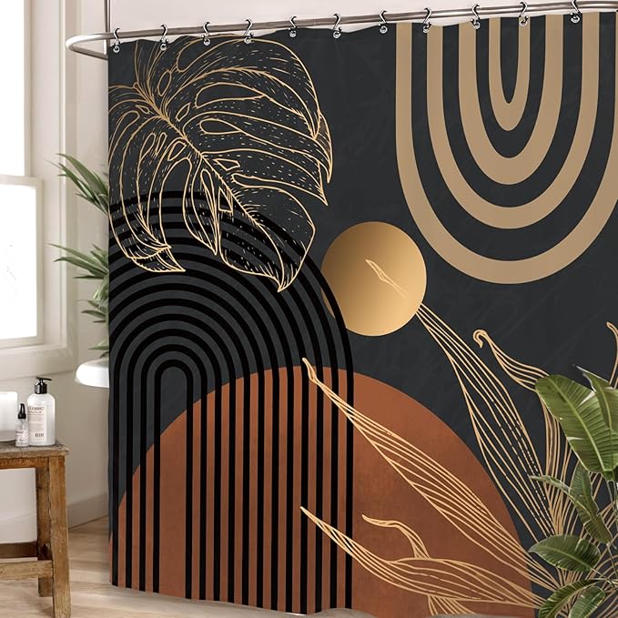 Yookeb Abstract Dark Mid Century Bathroom Shower Curtain 71W by 71H Inch Minimalist Aesthetic Modern Contemporary Leaves Polyester Fabric 12 Plastic Hooks Waterproof Decor