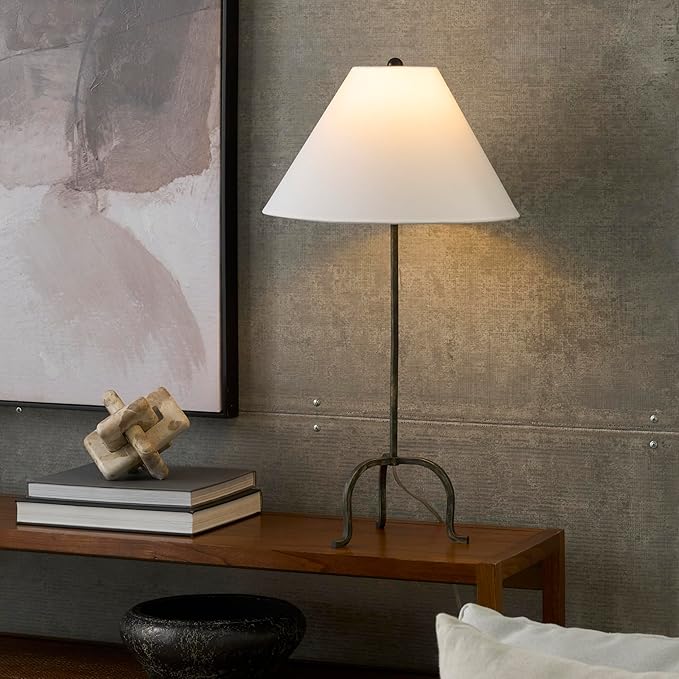 Nourison 28" Black Wrought Iron Heritage Metal Slim Tripod Table Lamp for Living Room, Bedroom, Bedside, Reading