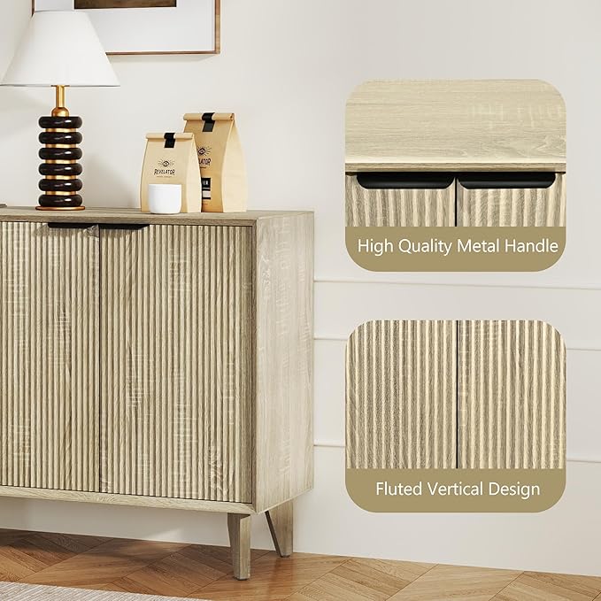 Fluted Cabinet with Storage, Buffet Storage with 4 Doors, Buffet Sideboard Accent Cabinet with Adjustable Shelves for Living Room, Kitchen, Entry, Hallway, Natural
