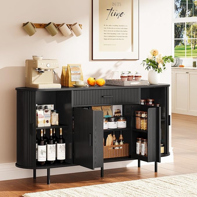 ONBRILL 63“ Sideboard Buffet Cabinet with Storage, Sideboard with 1 Drawer & 2 Door Shelves, Mid-Century Modern Kitchen Cabinets with Sliding Door, Coffee Bar Cabinet for Kitchen, Living Room, Black