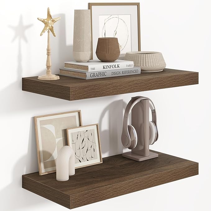 24"W x 9.3"D Floating Shelves for Wall, Wall Mounted Bathroom Shelves 2 Pack Deep Floating Shelf for Bedroom Kitchen Living Room, Rustic Wooden Wall Shelf with Invisible Bracket for Books Decor