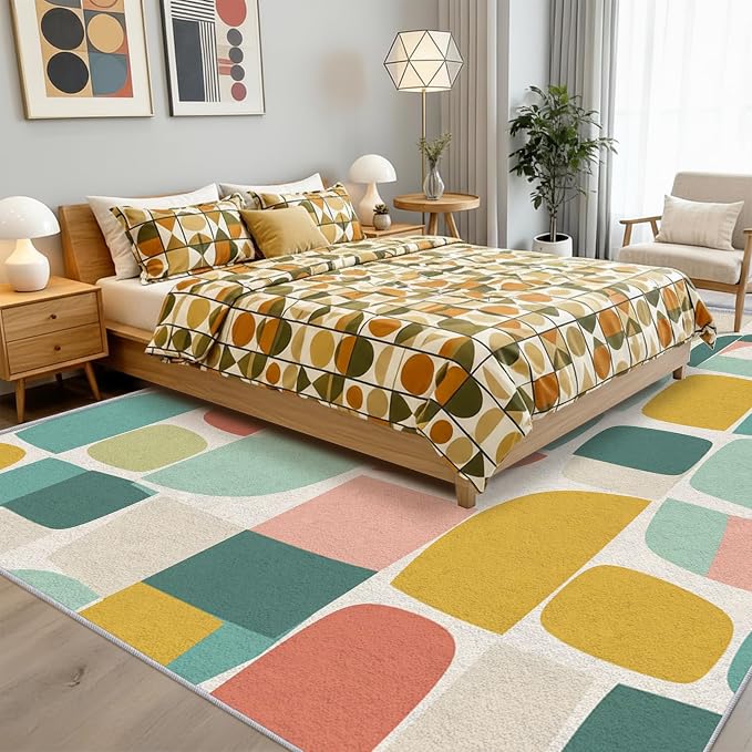 Mid Century Rug Large 7x10 70s Retro Geometric Pattern Area Rugs for Living Room, Bedroom, Mid Century Home Decor Accessories Indoor Carpet, Non Slip & Machine Washable, GD0672