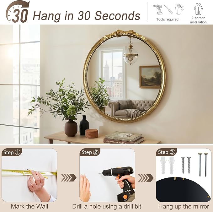 Vintage Gold Elegant French Bow Round Wall Mirror 28" | Ribbon & Beaded Metal Frame, Antique Decorative Wall Mirror, for Nursery, Girls Room, Bedroom