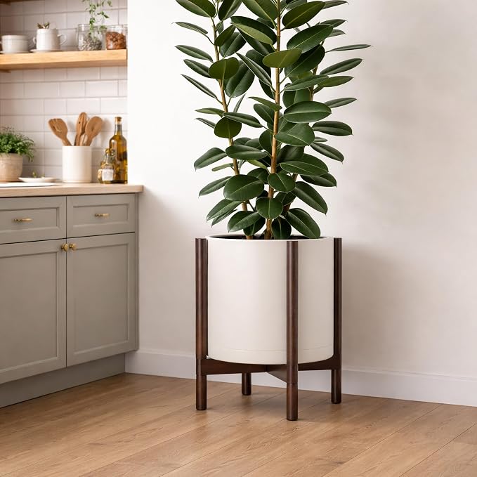 D'vine Dev Planter Pot with Stand - 14 Inch Plastic Cylinder Flower Pot with Wood Planter Holder for Indoor, Oatmeal Pot + Walnut Color Stand, 55-C-R-3