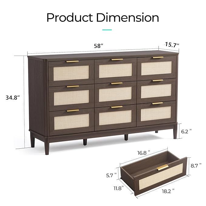 LINSY HOME Rattan Dresser with 9 Deep Drawers, 58" Wide Long Chest of Drawers, Mid Century Modern Tall Dresser, Large Wood Boho Storage Cabinet for Bedroom with Metal Handle and Durable Legs, Walnut
