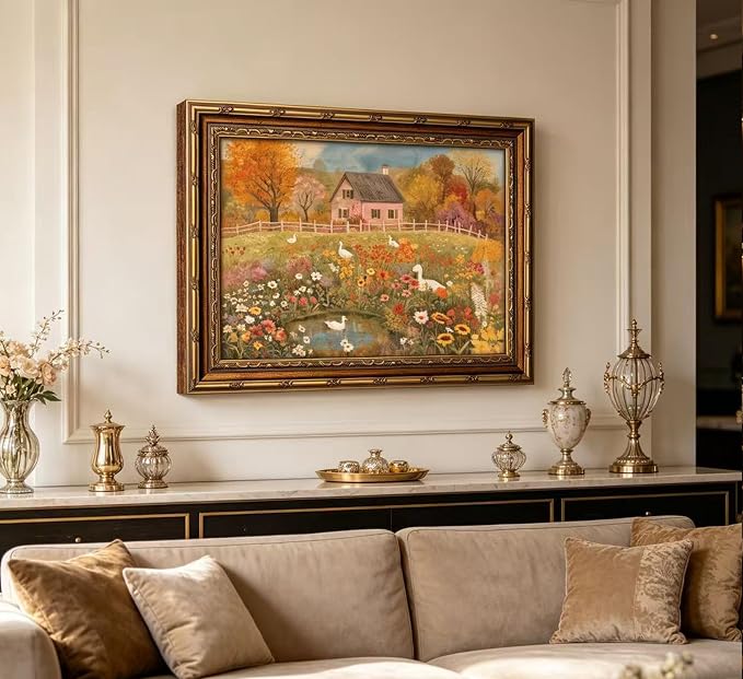 Vintage Gold Framed Autumn Country Cottage with Ducks Wall Art, Rustic Farmhouse Flower Garden Canvas Prints, Retro Fall Farm Scene Painting Poster Artwork for Living Room Kitchen Wall Decor,16X24in