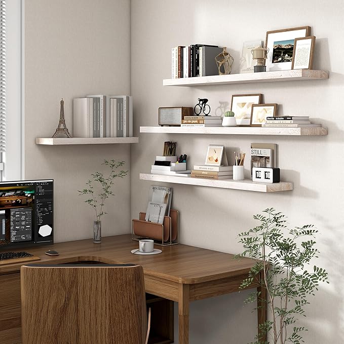 Axeman Floating Shelves for Wall, Rustic Elm Wood 48''W x 8" D Wall Shelf with Invisible Bracket, Large Long Wall Mounted Storage Shelves for Living Room, Bedroom, Kitchen, Bathroom Decor, White Wash