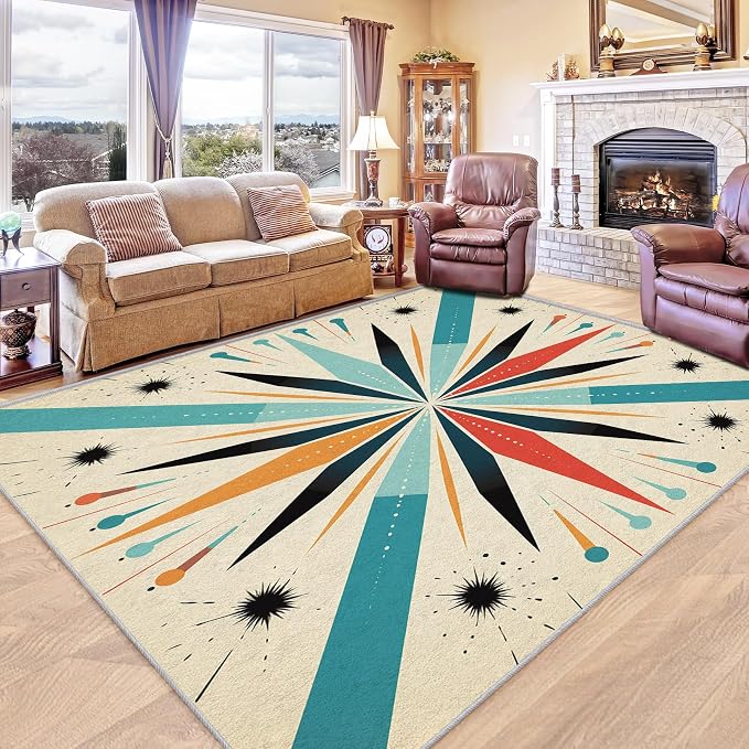 Mid Century Modern Rug 4x5, Washable Retro Sun Rugs for Living Room Bedroom, Atomic Geometric Area Rug for Home Decor, Non Slip Backing Floor Carpet with Gripper - 4 x 5 ft