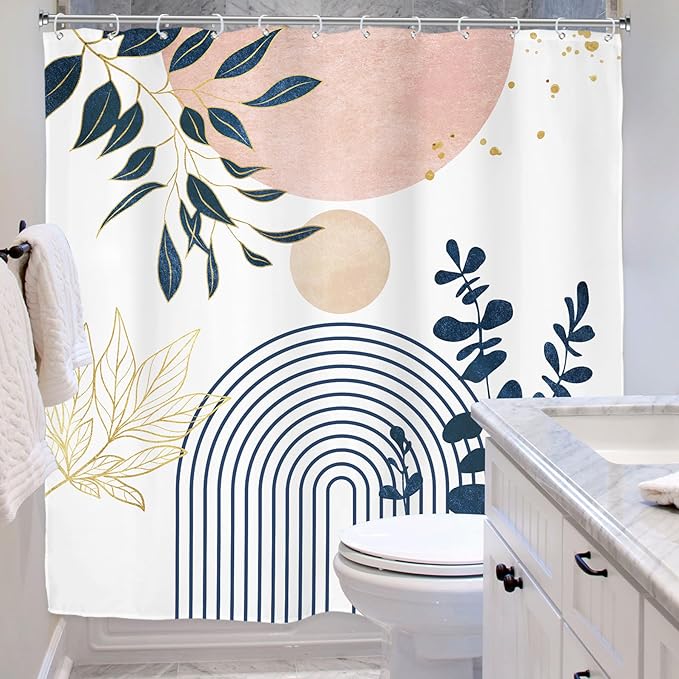 Riyidecor Pink Grey Abstract Boho Modern Mid Century Shower Curtain for Bathroom Decor 72Wx72H Leaves Blue Gold Eucalyptus Plants Blush Art Printed Fabric Polyester Waterproof 12 Pack Plastic Hooks
