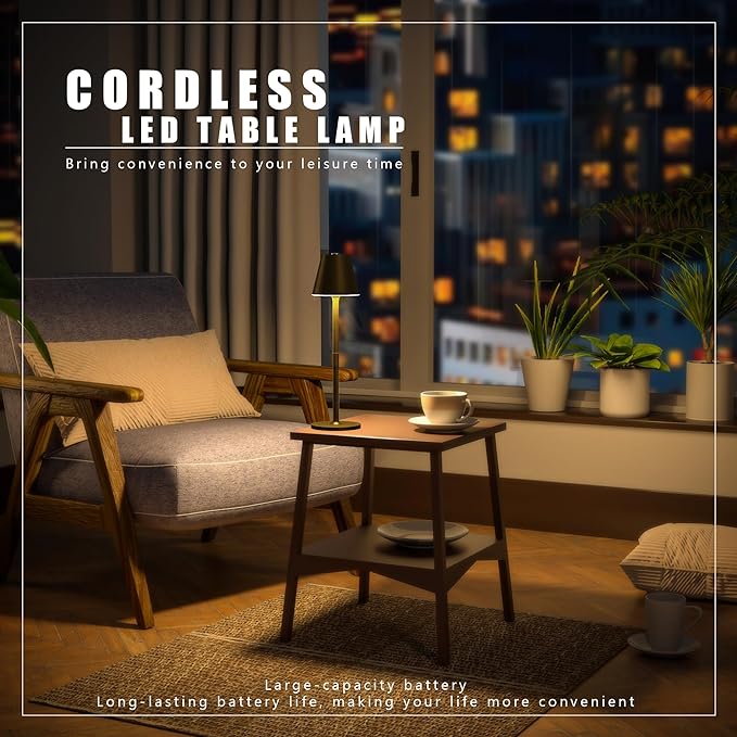 2-Pack Cordless Table Lamps - 5000mAh Rechargeable Battery Operated Desk Lamp, 3-Level Dimmable LED Night Light for Bedroom, Dining, Restaurant - Metal Design (Bronze 2PACK)