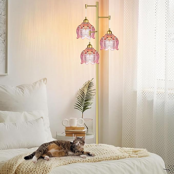 Pink Floor Lamp for Living Room,Bedroom,Gold Mid Century Modern Standing Lamp Brass Tree 3 Light Tall Floor Lamps Retro Floor Lights Glass Flower Lamp Shade Girls Kids Boho Bohemian