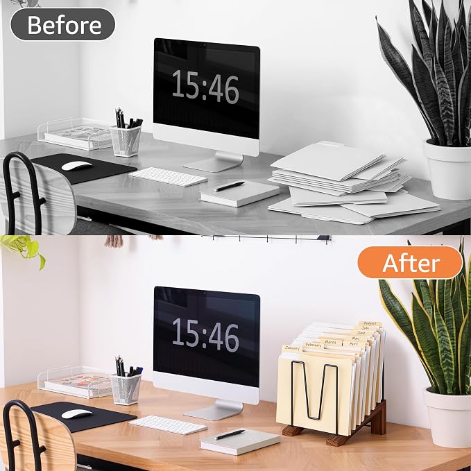 TREWAVE Inclined File Organizer for Desk, Adjustable 7-Section Vertical Desk File Organizer with Wooden Base, Metal Desktop Paper Folder Holder for Office, Home, Classroom and School Workspace