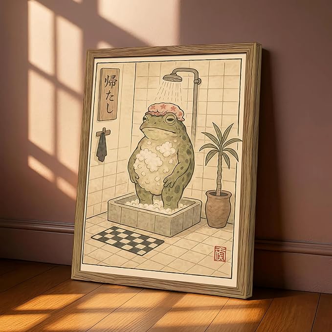 Framed Vintage Frog Bathroom Wall Art, Funny Cute Green Frog in Bubble Bath Canvas Prints, Japanese-Style Retro Cartoon Animal Artwork, Whimsical Wall Decor for Dorm Apartment Toilet 8x10in