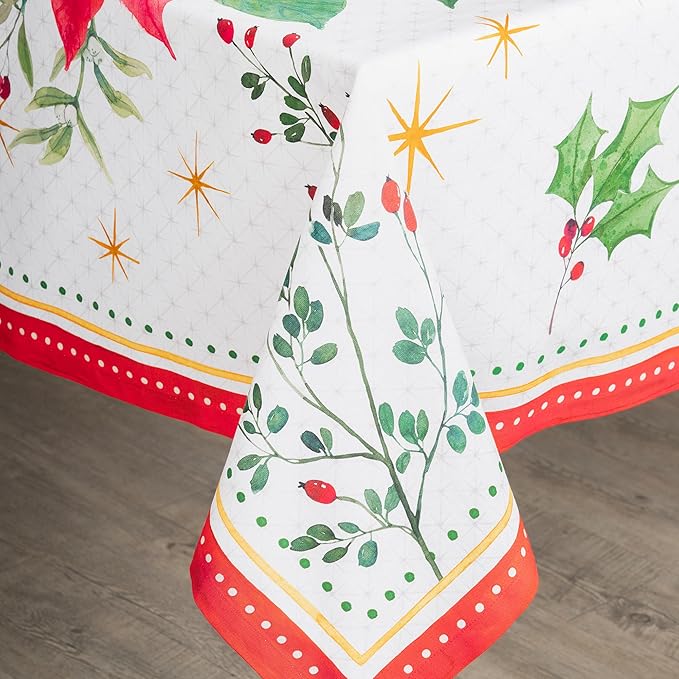 Maison d' Hermine Table Cloth Rectangle Table 100% Cotton 60 x 90 Inches Fall Tablecloth Reusable Everyday Use for Thanksgiving Christmas Decorations Dining Farmhouse Party (Poinsettia Christmas)