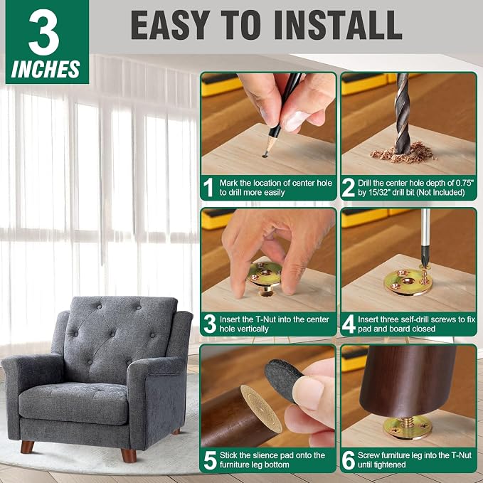 FoDau770 Brown Rubber Wood Furniture Legs 3 Inches, Slant Tapered Wood Feet Mid Century Sofa Legs Set of 4, 5/16" UNC Furniture Feet Replacement Parts for Cabinet Couch Dresser Chair Ottoman Table