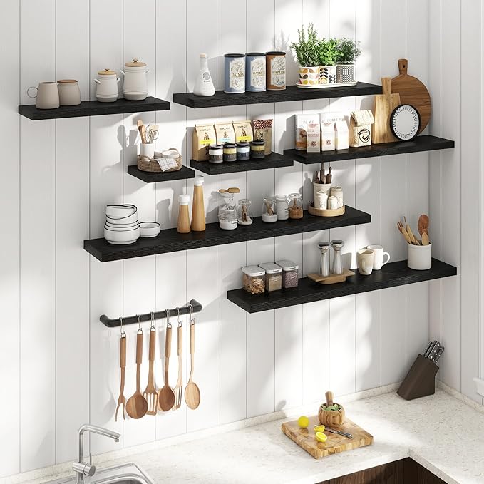 40 Inch Floating Shelves for Wall Set of 2, 8"D Wood Grain Bathroom Shelves with Invisible Brackets, Easy Install Engineered Wood Storage Shelves for Kitchen, Living Room, Bedroom, Black Finish