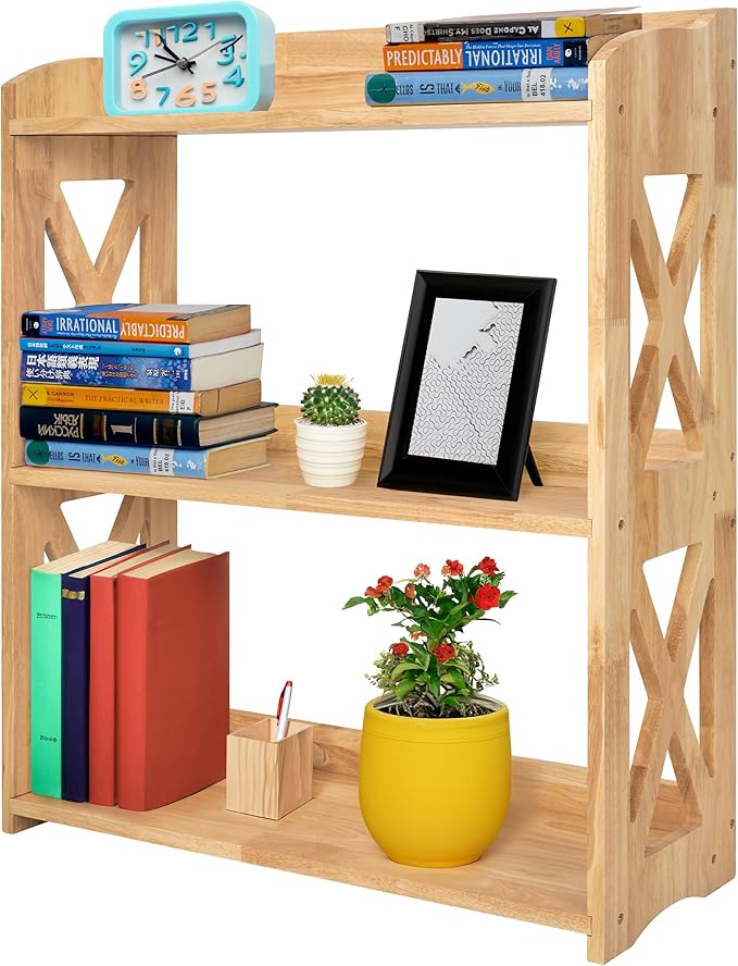 Wooden 3 Tier Bookshelf, Small Wood Bookcase Storage Shelf, Open Shelf Organizer for Bedroom, Living Room and Office (Natural, 3 Tier)