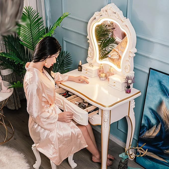 Dressing Table,Vanity Desk with Drawers and Cushioned Stool,Makeup Vanity Table Set with Mirror and Light,European Retro(A)