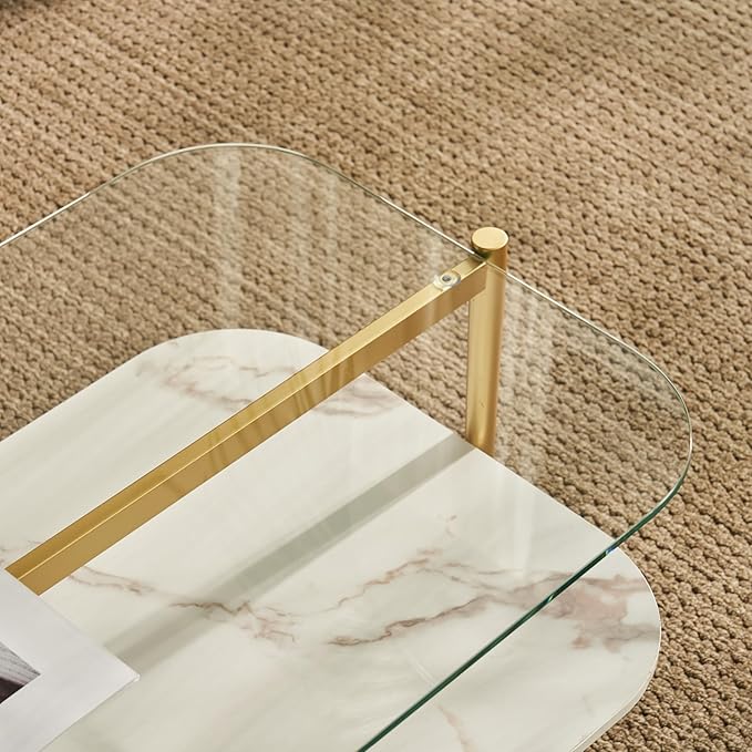 Saint Mossi Oval Glass Coffee Table for Living Room, Mid Century Center Table, Clear Glass & White MDF Bottom Shelf with Rounded Corners, L41xW21xH17, Gold Table Legs