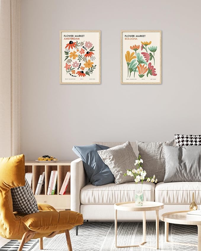 HesenDot Unframed Floral Wall Art Set of 3,12x16in Flower Market Canvas Prints, Minimalist Amsterdam Stockholm Bologna Posters for Living Room Bedroom Office Home, Unframed