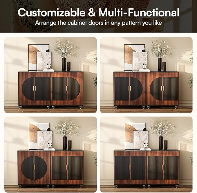 29" Fluted Modular Buffet Cabinet with Storage, Mid Century Modern Sideboard Console Table Credenza w/Adjustable Shelves, Wood Coffee Bar for Living Room/Dining Room/Kitchen/Entryway, Walnut