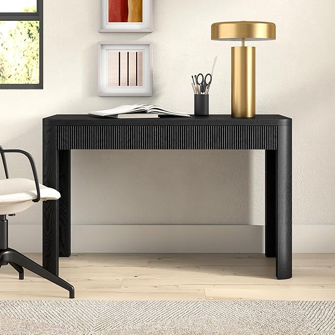 Henn&Hart 48" Fluted Modern Rectangular Home Office Desk Ribbed Computer Desk Writing Table with 2 Storage Drawers for Home Office, Natural Black
