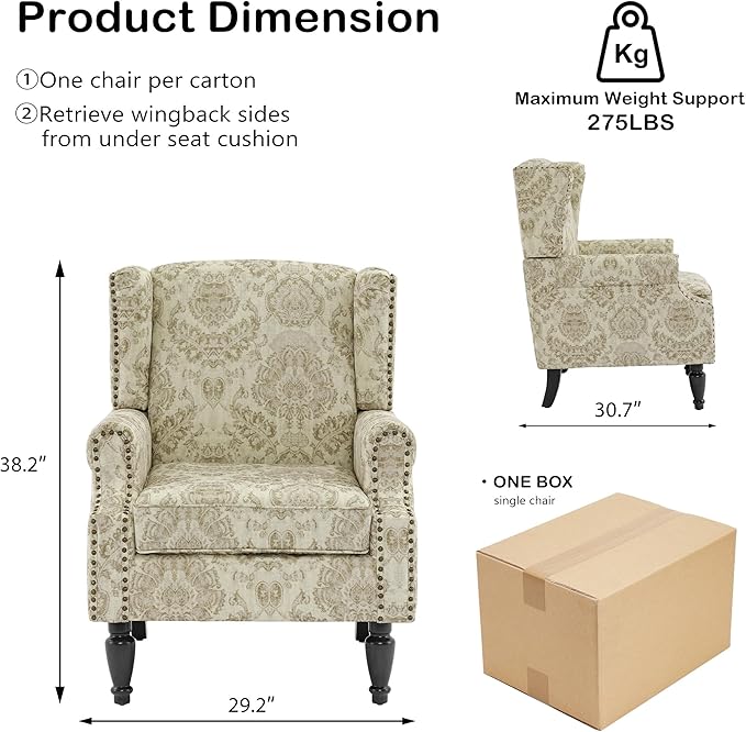 Wingback Chair, High Back Floral Accent Chair in Fabric, Comfy Upholstered Armchair with Nailhead Trim for Living Room, Single Sofa Reading Chair for Small Spaces, Bedroom-White