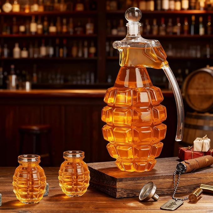 Birthday Gifts for Men, Grenade Shape Whiskey Decanter Set with 2 Shot Glasses, Cool Christmas Anniversary Retirement Gifts for Dad Husband Grandpa, Unique Bourbon Presents