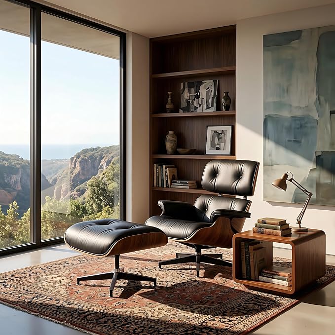 Mid Century Chaise Lounge Chair with Ottoman, Top Black Grain Leather, Modern Office Chair Classic Design, Heavy Duty Base Support for Living Room Study Lounge Office