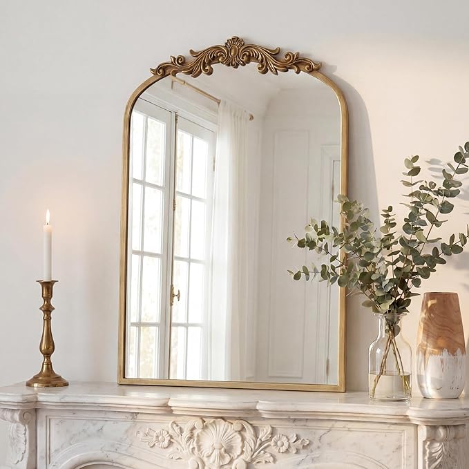 PERFNIQUE Vintage Mirror, 35" X 24" Arched Antique Baroque Wall Mirror, Gold Traditional Wall Decor, Ornate Decor Anthro Look Alike Furniture for Bathroom Living Room Fireplace Entryway Hallway