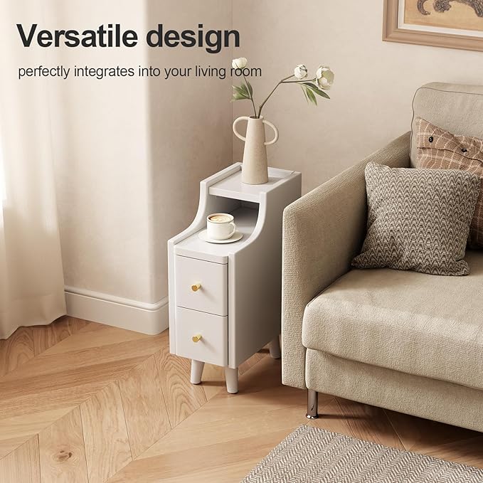 Narrow Nightstand with 2 Drawers,White Nightstand,Bedside Table,Solid Wood Modern Bedside Table for Bedroom,Study,Toilet