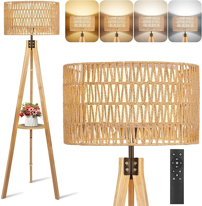 OUTON Boho Rattan Tripod Floor Lamp with Shelves, Remote Control, Dimmable Mid Century Modern Standing Lamp 58.5" for Bedroom, Living Room & Office, Lamp Shade Includes E26 9W Bulb, Wood