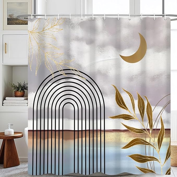 Boho Shower Curtain Abstract Modern Geometric Leaves Shower Curtain Mid Century Minimalist Moon Pattern Decor Bath Curtain Waterproof Fabric with Hooks 72x78