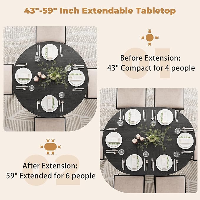 59-Inch Extendable Dining Table for 4-6 People, Modern Kitchen Oval Dinner Table with Storage Shelf and Cross Pedestal for Dining Room, Living Room, Black